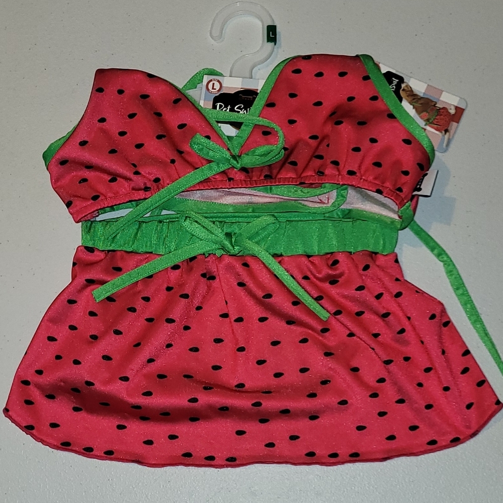 Watermelon Swimsuit For Pets With Melon Pink and Black Dots, Green Trim, Large